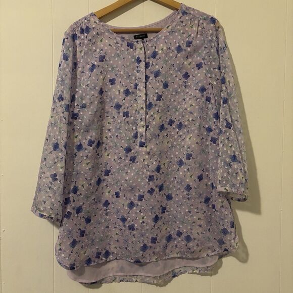 Talbots Large Purple Floral Swiss Dot 3/4 Sleeve Textured Chiffon Blouse Henley - Picture 2 of 12